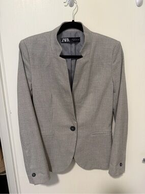 Zara Light Gray Textured Stand-Collar Blazer